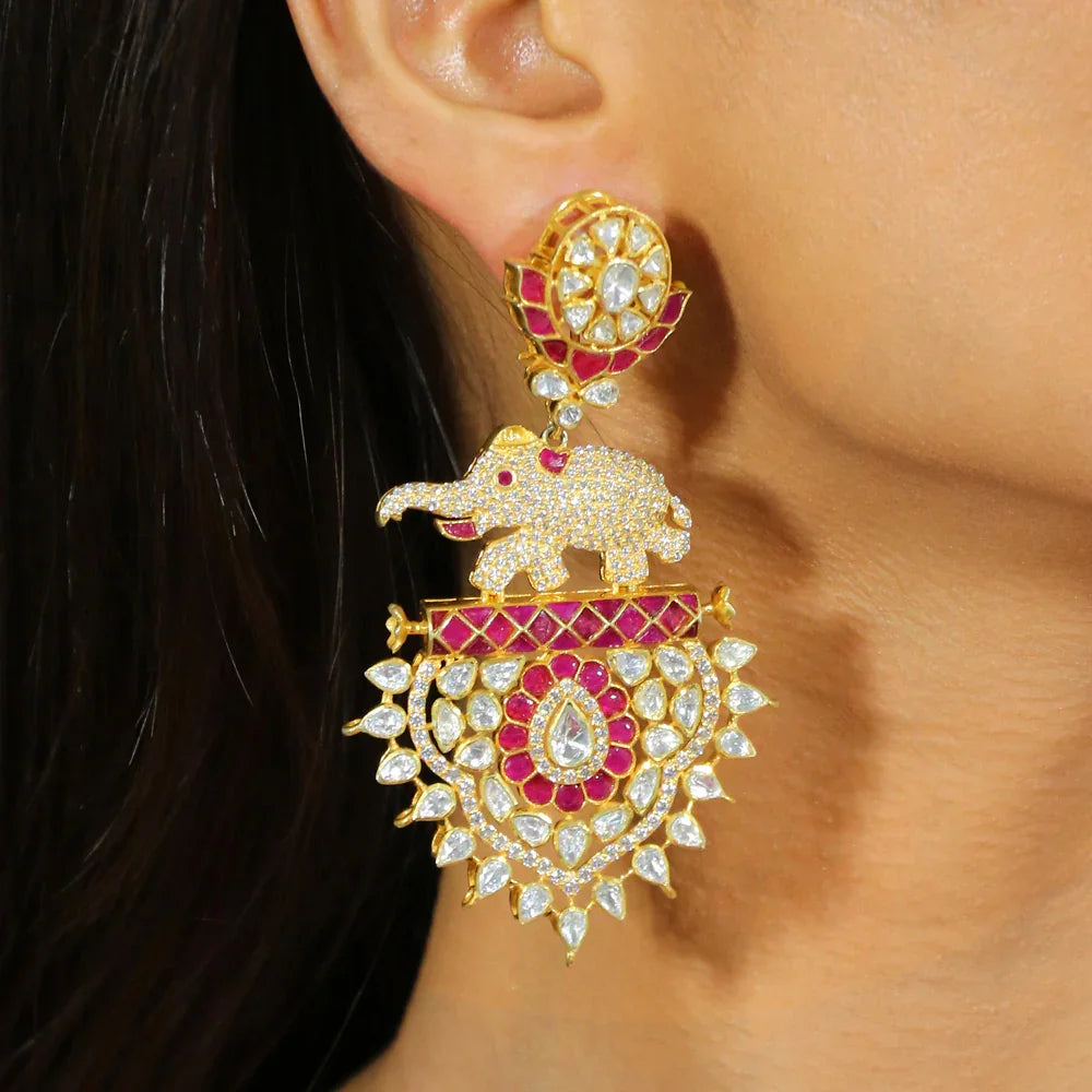 Elephant with Pink Jadau Kundan CZ and Moissanite image 0